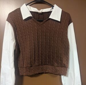 A white long sleeve blouse and brown sweater shirt